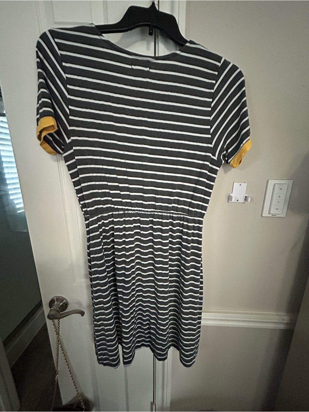 Striped Casual Tee Dress With Yellow Sleeve Trim